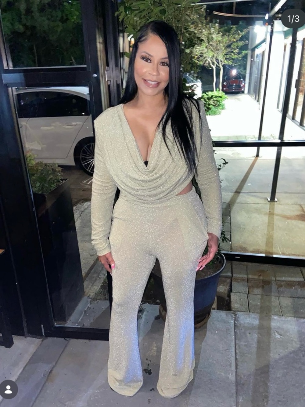 Draped Cowl-Neck Top w/ Wide-Leg Pants in Sparkling Champagne